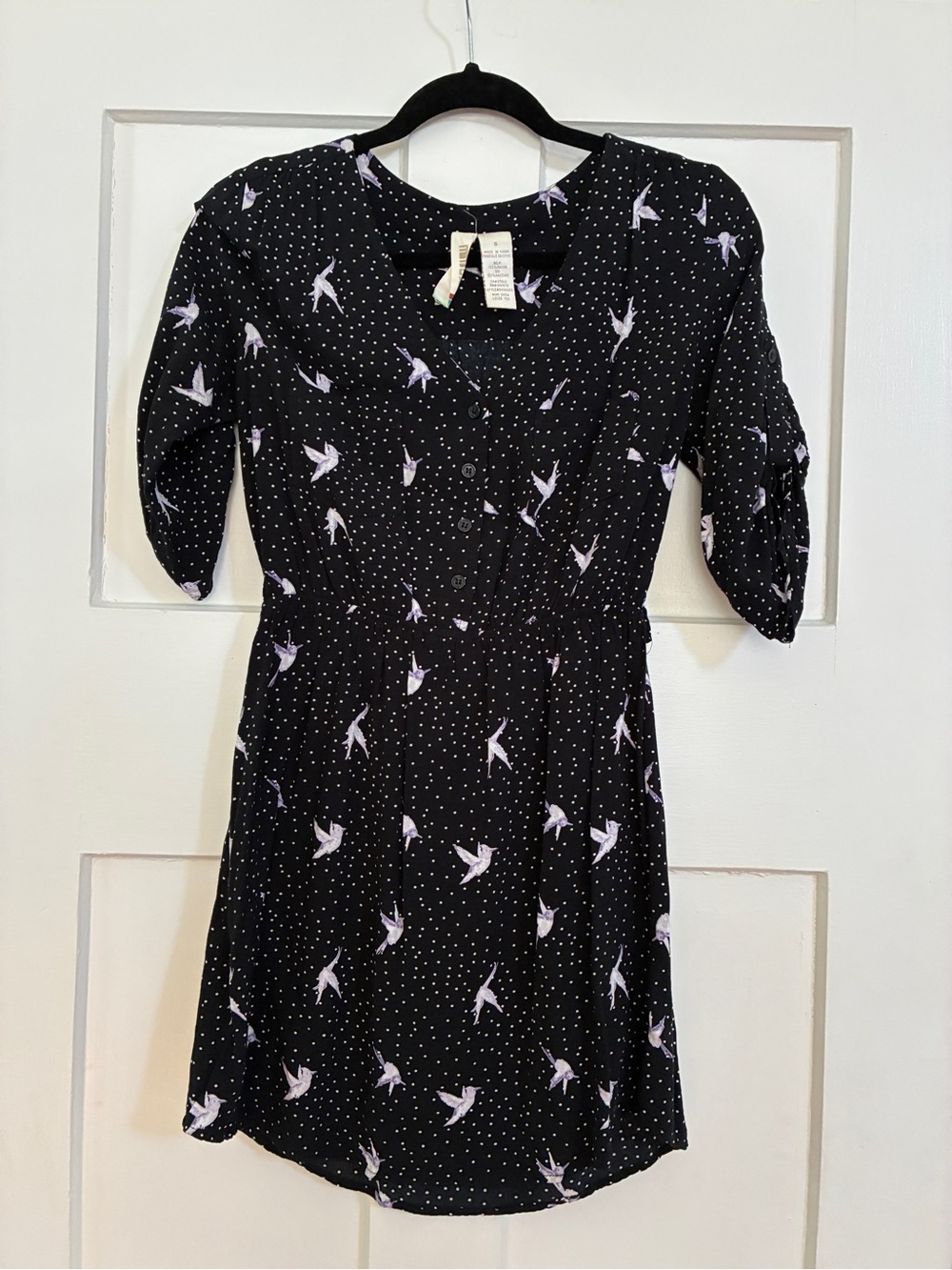 Black Mini Dress with Lilac Bird Print and Button-Front